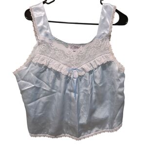 Vintage Featherbed Lace Trim Satin Top - Light Blue